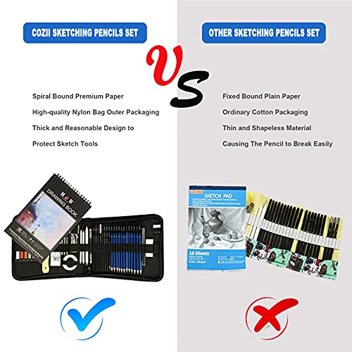 Cozii Drawing Pencils Set, 51 Pack Professional Sketch Pencil Set, Art Supplies Drawing Set with Graphite Charcoal Sticks Tool Sketch Book for Adults Kids Drawing Sketching