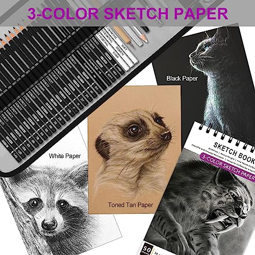 HIFORNY 60 Pcs Drawing Kit Sketching Pencil Set,Sketch Pencils Art Supplies with 3-Color Sketchbook,Graphite,Charcoal,Drawing Pencils for Adults Artists