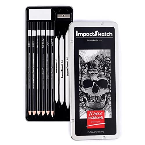 ImpactSketch 11 Pcs Charcoal Pencil Set for Drawing, Sketching, Art Supplies | 4 Shades of Pencils with Sharpener, Eraser, Tortillons | Quality Set for Professional Artist, Students,