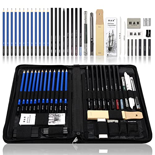 H & B Sketching Pencils Drawing Set,40pcs Art Supplies Artist Sketching Kit with Sketch Draw Pencils Charcoal Pencil Extender Canvas Pencil Bag and More for Artist Beginners Kids Adults