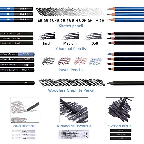 H & B Sketching Pencils Drawing Set,40pcs Art Supplies Artist Sketching Kit with Sketch Draw Pencils Charcoal Pencil Extender Canvas Pencil Bag and More for Artist Beginners Kids Adults
