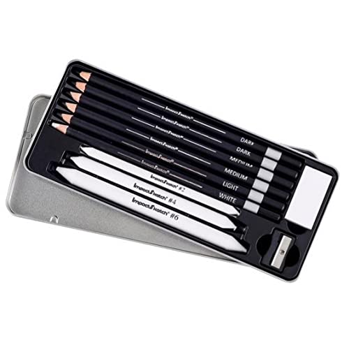 ImpactSketch 11 Pcs Charcoal Pencil Set for Drawing, Sketching, Art Supplies | 4 Shades of Pencils with Sharpener, Eraser, Tortillons | Quality Set for Professional Artist, Students,