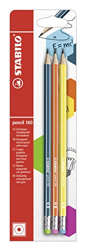 Hexagonal Graphite Pencil with Eraser - STABILO pencil 160 - Pack of 3 - Petrol, Orange, Yellow - HB