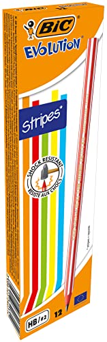 BIC Evolution Graphite Pencils - Box of 12 - HB Lead with Colourful Striped Design - Wood-Free and Splinter-Proof, Yellow,Green,Pink,Red,Black
