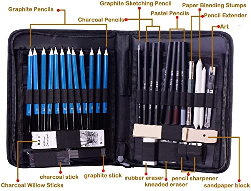 H & B Sketching Pencils Drawing Set,40pcs Art Supplies Artist Sketching Kit with Sketch Draw Pencils Charcoal Pencil Extender Canvas Pencil Bag and More for Artist Beginners Kids Adults