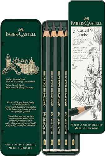 Faber-Castell 5 Piece Quality Castell 9000 Jumbo Graphite Pencils in a Tin, Including HB, 2B, 4B, 6B and 8B,Black