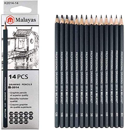 Malayas Drawing Sketch Pencil Set 14pcs Sketching Pencils 12B 10B 8B 7B 6B 5B 4B 3B 2B B HB 2H 4H 6H Graphite Pencils for Kid Adults Artists Student Beginners Professional