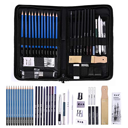 H & B Sketching Pencils Drawing Set,40pcs Art Supplies Artist Sketching Kit with Sketch Draw Pencils Charcoal Pencil Extender Canvas Pencil Bag and More for Artist Beginners Kids Adults