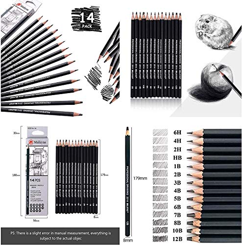 Malayas Drawing Sketch Pencil Set 14pcs Sketching Pencils 12B 10B 8B 7B 6B 5B 4B 3B 2B B HB 2H 4H 6H Graphite Pencils for Kid Adults Artists Student Beginners Professional