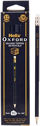Helix Oxford 2B Grade Graphite Pencils with Eraser Tip (Pack of 12) with Plastic Free Packaging, 857201