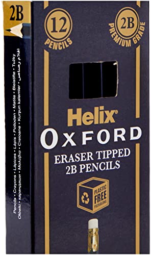 Helix Oxford 2B Grade Graphite Pencils with Eraser Tip (Pack of 12) with Plastic Free Packaging, 857201