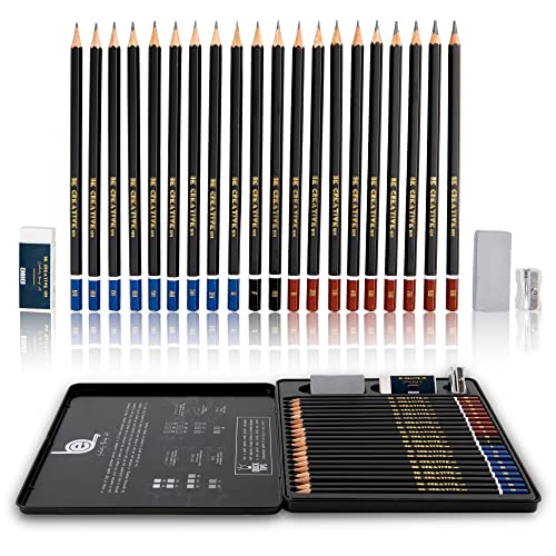 BE CREATIVE HM Sketching and Drawing Pencils Sketch Pencil set (20 Graded graphite Pencils), with putty rubber, Eraser, Sharpener & metal case. Artist Pencil for Kids & Adults. (9B to 9H)