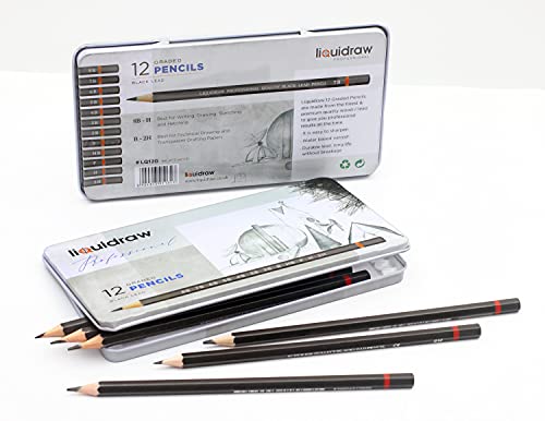 Liquidraw Drawing Pencils Set of 12, Graded Pencils For Artists, Sketching, Art, Sketch (8B-2H) Graphite Hard & Soft Pencil Set