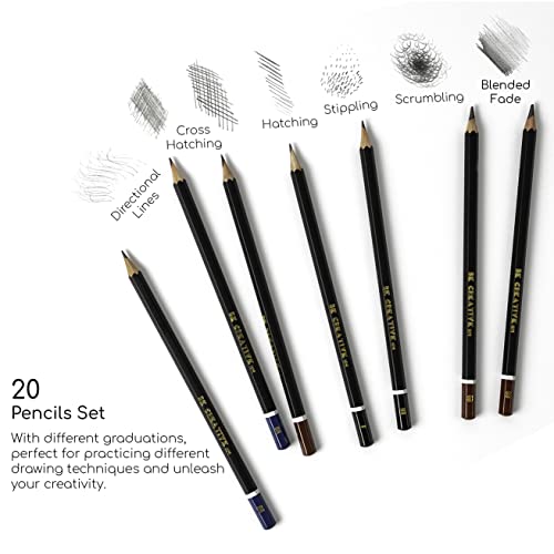 BE CREATIVE HM Sketching and Drawing Pencils Sketch Pencil set (20 Graded graphite Pencils), with putty rubber, Eraser, Sharpener & metal case. Artist Pencil for Kids & Adults. (9B to 9H)
