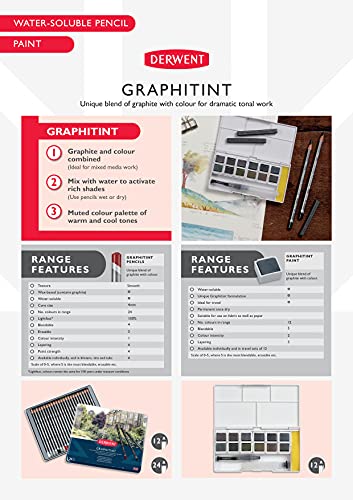 Derwent 700802 Graphitint Tinted Graphite Drawing Pencils, Watersoluble, Professional Quality,reySet of 12