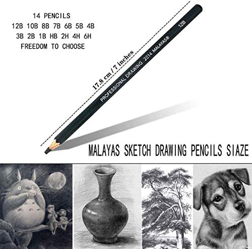 Malayas Drawing Sketch Pencil Set 14pcs Sketching Pencils 12B 10B 8B 7B 6B 5B 4B 3B 2B B HB 2H 4H 6H Graphite Pencils for Kid Adults Artists Student Beginners Professional