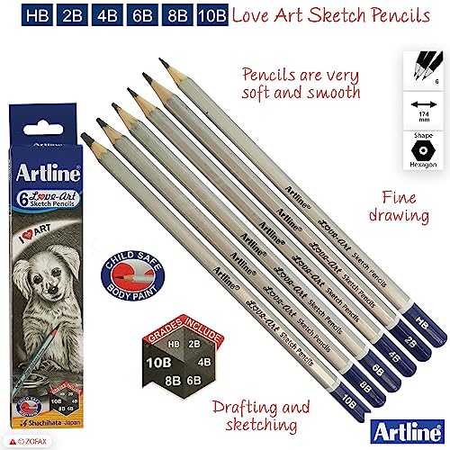 6 Artline Graded Pencils Artists Soft Graphite Drawing Sketching Pencils (HB-10B)