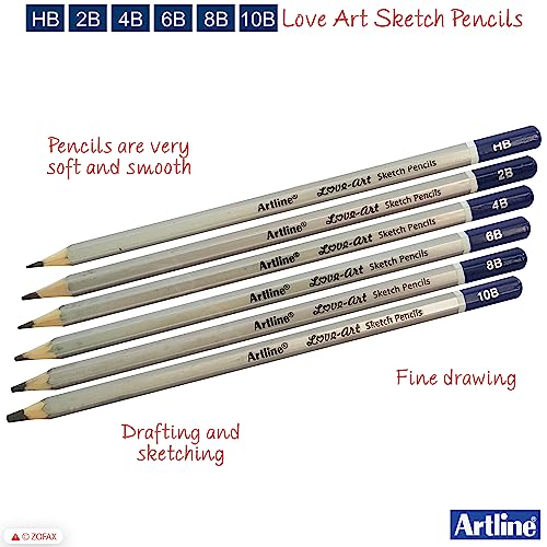 6 Artline Graded Pencils Artists Soft Graphite Drawing Sketching Pencils (HB-10B)