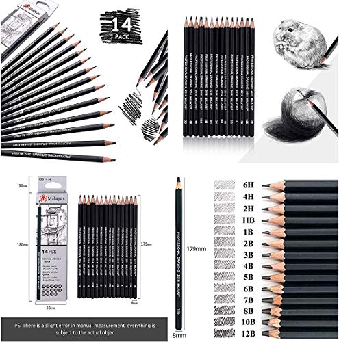 Malayas Drawing Sketch Pencil Set 14pcs Sketching Pencils 12B 10B 8B 7B 6B 5B 4B 3B 2B B HB 2H 4H 6H Graphite Pencils for Kid Adults Artists Student Beginners Professional
