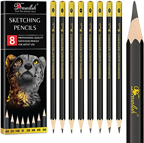 Sketching Pencils Set of 8 | B, 2B, 4B, 6B, 8B, HB, 2H, 4H | Drawing Pencils with Graphite Lead & Soft Basswood are Ideal for Sketching, Shading & Doodling | For Beginners & Professionals