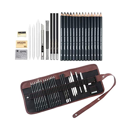 Sketching Pencil Set, 24 Pcs Graphite Drawing Pencil for Artists Adults Children Include 12B 10B 8B 7B 6B 5B 4B 3B 2B B HB 2H 4H 6H Pencils, Charcoal Pencils, Canvas Pencil Bag and Accessories