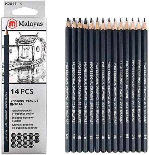 Malayas Drawing Sketch Pencil Set 14pcs Sketching Pencils 12B 10B 8B 7B 6B 5B 4B 3B 2B B HB 2H 4H 6H Graphite Pencils for Kid Adults Artists Student Beginners Professional