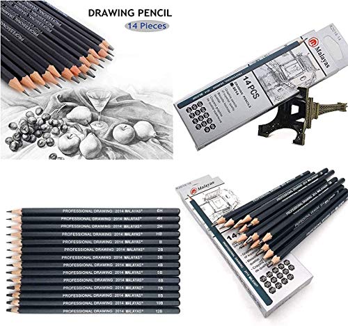 Malayas Drawing Sketch Pencil Set 14pcs Sketching Pencils 12B 10B 8B 7B 6B 5B 4B 3B 2B B HB 2H 4H 6H Graphite Pencils for Kid Adults Artists Student Beginners Professional