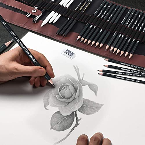 Sketching Pencil Set, 24 Pcs Graphite Drawing Pencil for Artists Adults Children Include 12B 10B 8B 7B 6B 5B 4B 3B 2B B HB 2H 4H 6H Pencils, Charcoal Pencils, Canvas Pencil Bag and Accessories