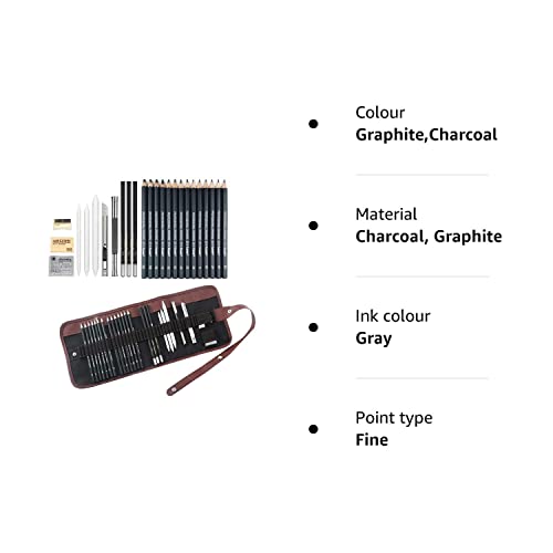Sketching Pencil Set, 24 Pcs Graphite Drawing Pencil for Artists Adults Children Include 12B 10B 8B 7B 6B 5B 4B 3B 2B B HB 2H 4H 6H Pencils, Charcoal Pencils, Canvas Pencil Bag and Accessories