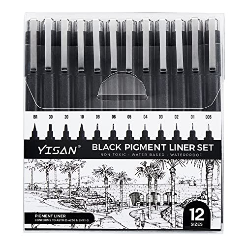 YISAN Black Drawing Pens,Fineliner Ink Pens,Set of 12 Micro-Pens,Anime Pigment Pen,Art Pens,for Sketching,Technical Drawing 902195