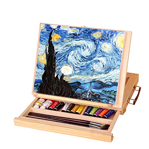 Credible Wood Tabletop Easel, Adjustable Folding Artist Easel Drawing Painting Portable Tabletop Easel Box with Drawer for Outdoor Painting, Painting, Drawing Displaying Artwork (10.6 * 2.8 * 14 in)