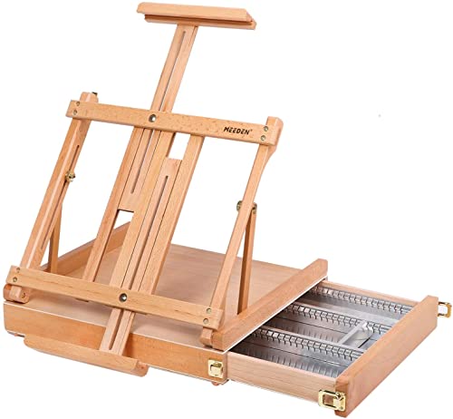 MEEDEN Studio Sketchbox Table Easel with Metal Lined Drawer - Adjustable Solid Beechwood Tabletop Easel & Sketchbox Artist Easel with Storage, Great for Studio or Plein Air - Holds canvases up to 34"