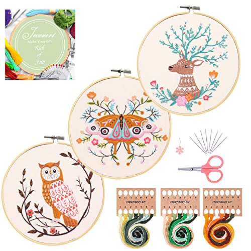 Embroidery Starter Kit, Jecanori 3 Pack Cross Stitch Kit with Floral or Plant Pattern and Instructions, Full Range of Embroidery Kits, Embroidery Hoops, Color Threads and Tool