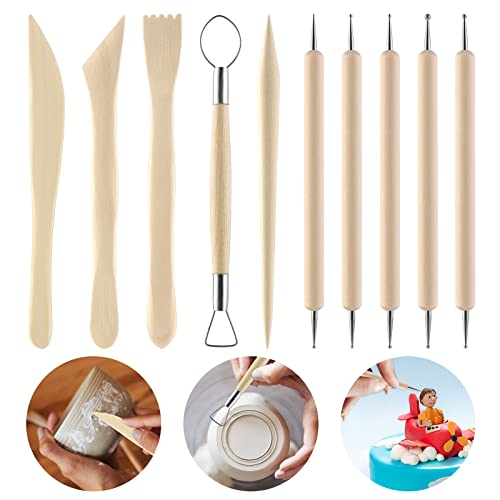 Thinp 10 Pieces Polymer Clay Tools, Wooden Clay Sculpting Tools Clay Modelling Tools Pottery Tools Kit for Adults Kids Pottery Craft Sculpting Modeling Shaping Carving and Dotting