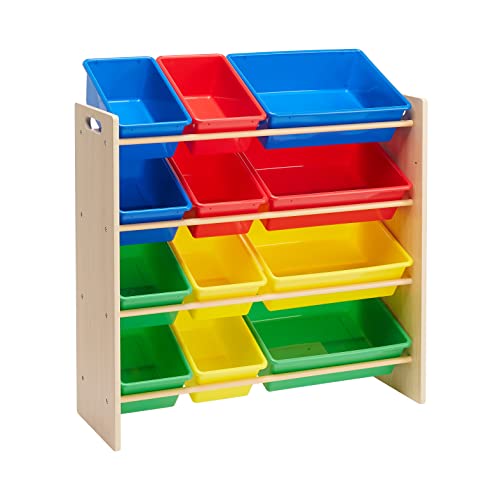 Amazon Basics Kids’ Toy Storage Organiser with 12 Plastic Bins, Natural Wood with Bright Bins, 27.7 D x 85.3 W x 79 H cm