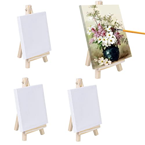 4 Pack Small Easels with Canvas Adjustable Mini Wooden Artist Triangle Easels Small Tabletop Art Display Easels for Craft Oil Acrylic Painting & Drawing Artis