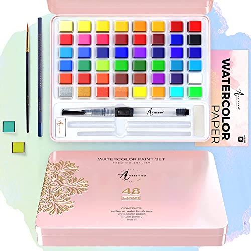 ARTISTRO Watercolor Paint Set, 48 Vivid Colors in Tin Box, Including Metallic and Fluorescent Colors. Watercolor Paints Perfect for Adults and Kids, Art Supplies for Beginners and Professional Artist