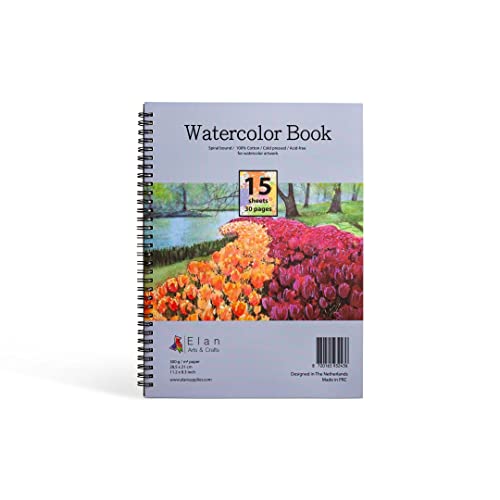 Elan Watercolor Book A4, 100% Cotton Paper, 15 Sheets 300gsm Paper, Watercolour Sketchbook A4, Watercolor Pad Book A4, Art Pad for Painting, Canvas for Watercoloring, Acrylic Paint, Watercolor Paint