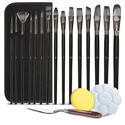 Artist Paintbrush Set of 18-15 Different Shapes with Palette,1 Pallete Knife,1 Sponge,Painting Brushes Kit with Organizing Case for Acrylic Oil Watercolor Gouache Painting for Beginners Professionals