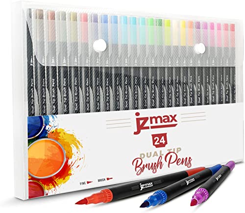 JZMAX Dual Tip Brush Pens Art Supplies Colouring Pens Set- Coloured Pens, Felt Tip Pens- Art Pens for Kids and Adult Colouring Books- Fine Tip for Drawing, Brush Tips for Calligraphy (24)