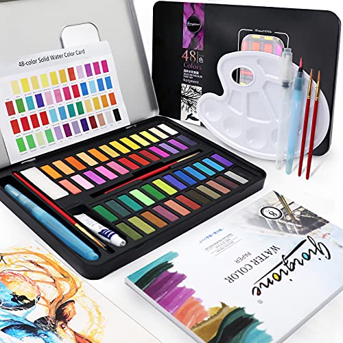 Exqline Watercolor Paint Set, 48 colors Watercolor Set Good Gift with 8 Watercolor Paper, 2 Water Tank Brushes, 2 Hook Pen, 2 Wipe Sponges, 1 White Pigment, 1 Mixing Palette, 1 Color Card, 1 Gift Bag