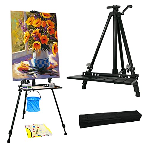 STANDNEE Artist Easel Stand Easel for Painting Canvase , 50 to 155cm Art Easel for Painting & Displaying, Aluminum Adjustable Height Display Tripod with Portable Bag/Folding Keg/Apron.(Black)
