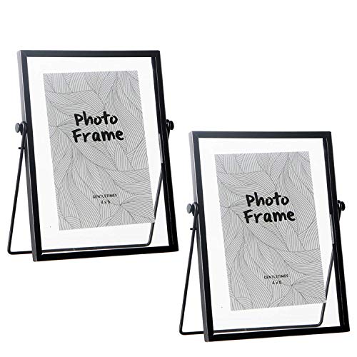 2 Pack 4x6 Metal Floating Glass Picture Frame with Metal Easel (Vertical), 6x4 Glass Photo Frame Metal Geometric Picture Frame for Photos, Art, Tabletop Display (Black)
