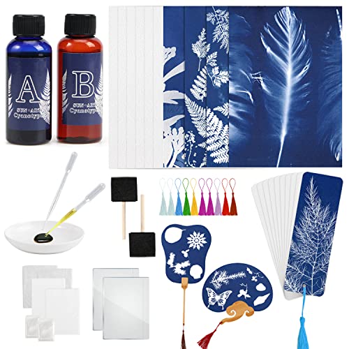 Csyidio 27 Pieces Cyanotype Kit Include 2 Component Sensitizer Set, 2 Pieces Paper Fans, 10 Sheets A5 Watercolor Paper, 10 Pieces Bookmarks and Tools for Cyanotype, DIY Arts Crafts Projects