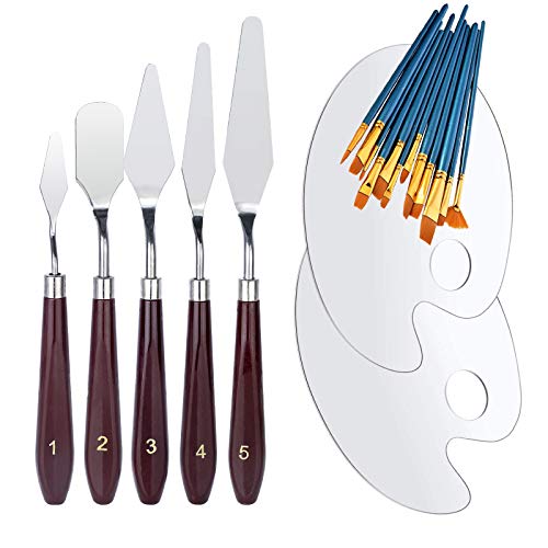 Paint Palette,WOVTE 17 Pcs Paint Palette and Brushes Set,Clear Oval Non-Stick Pallet Easy Clean for Artist Oil Paint Watercolor Painting DIY Art(10 Brush + 2 Palette+5 Palette Knife)
