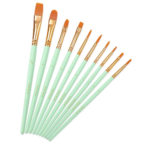 Paint Brushes Set 10 PCS Nylon Hair Paint Brushes for Acrylic Oil Watercolor Gouache Painting Face Paint Brushes for Children and Adults Green