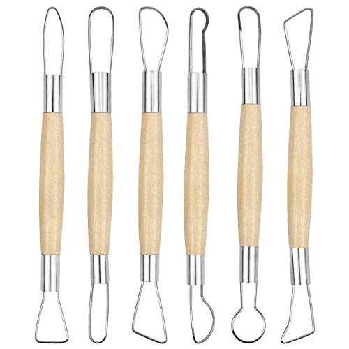 6 Pcs Clay Sculpting Tools Set Pottery Clay Modelling Carving Tool Double Ended Stainless Steel Pottery Ribbon Sculpture Cutter with Wooden Handle for Pottery Ceramics Sculpture Carving DIY Craft