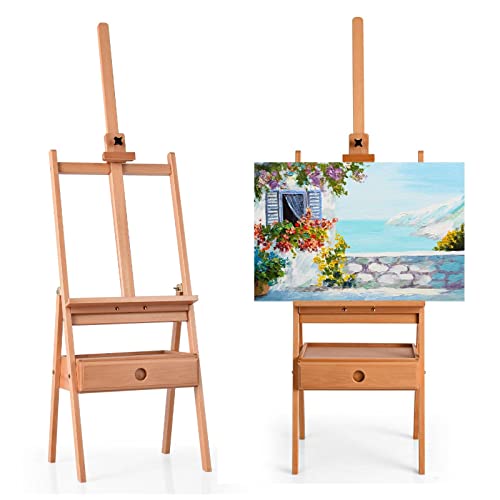 TANGZON H-Frame Artist Easel, Adjustable Beech Studio Easel with Art Supply Storage Drawer & Tray, Holds Canvas up to 92cm, Portable Wooden Painting Stand Shelf for Adults, Students and Beginners