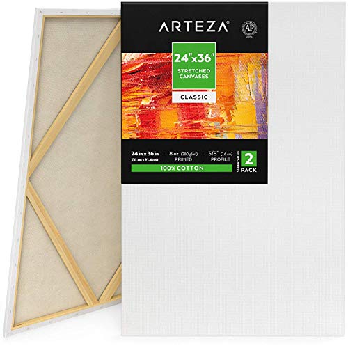 Arteza Stretched Canvas for Painting, Pack of 2, 61 x 91.4 cm, 8-oz Gesso Primed 100% Cotton Large Canvases for Acrylic Painting and Pouring, White