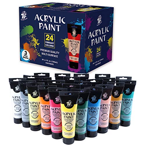TBC Acrylic Paint Set for Professional Artists, Kids Beginners Painting Craft on Paper, Canvas, Rock, Wood, Ceramic, Glass - Set of 24 Tubes x 120ml with 3 Paint Brushes